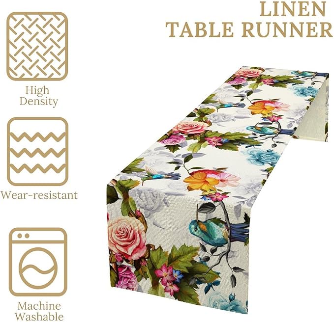 Hummingbird Table Runner,Vintage Floral Country Style Table Cloth Home Kitchen Restaurant Party Decoration 13x108 Inch