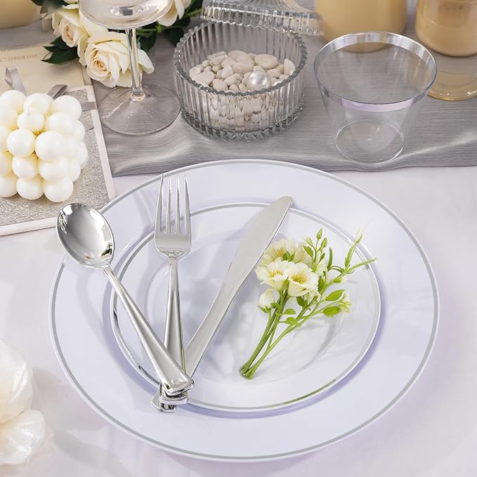 SUT 350 Pcs Silver Plastic Dinnerware Set for 50 Guests, Include: 50 Dinner Plates, 50 Dessert Plates, 50 Pre Rolled Napkins with Silver Silverware, 50 Cups, disposable plates for wedding, party