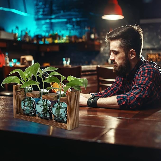 Terrarium Set: Skull Borosilicate Glass Vases, Set of 3 with Wood Stand