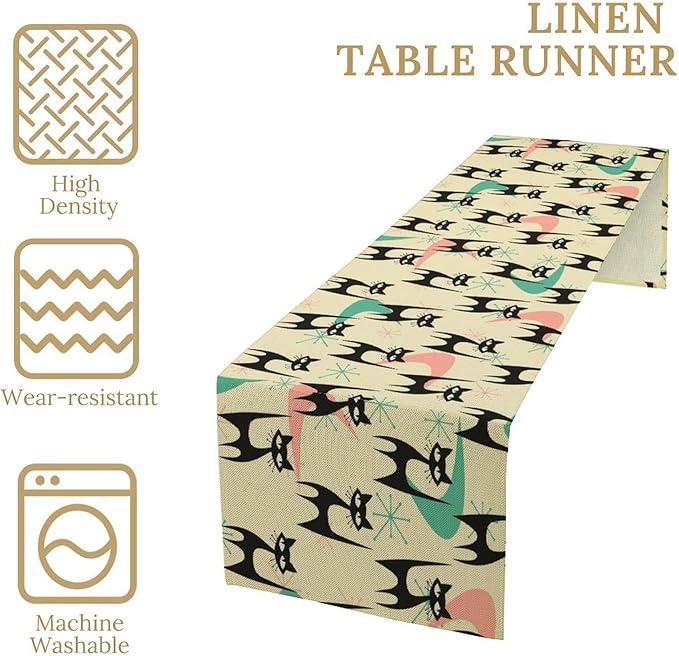 Mid Century Table Runner,Cat Geometric Stripe Colorful Abstract Pattern Print Tablecloth Burlap for Hotel Indoors Outdoor Dining Room Kitchen Holiday Party, 13x36in