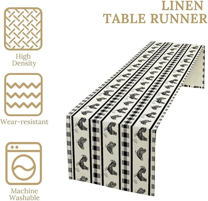 Rooster Table Runner,Farmhouse Animal Vintage Chicken Black White Plaid Check Tablecloth Burlap for Hotel Indoors Outdoor Dining Room Kitchen Home Decor,W13X L90 in