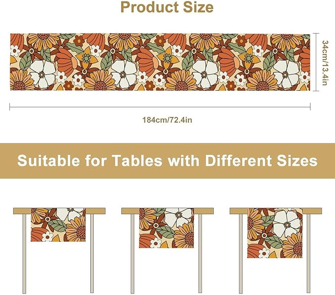 Vintage Floral Table Runner,Boho 70s Style Retro Flower Table Cloth Kitchen Dining Table Home Party Decoration 13x90 Inch
