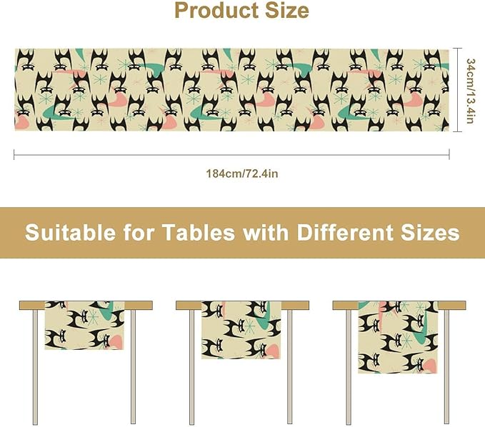 Mid Century Table Runner,Cat Geometric Stripe Colorful Abstract Pattern Print Tablecloth Burlap for Hotel Indoors Outdoor Dining Room Kitchen Holiday Party, 13x80in