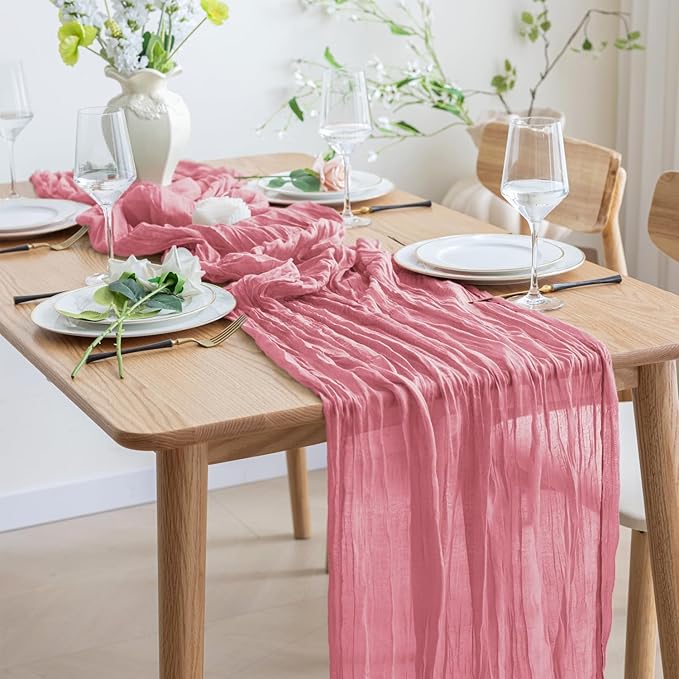 Asee'm 6pcs Cheesecloth Table Runner 120 Inches Dusty Rose Boho Gauze Cheese Cloth Runner 10FT Rustic Sheer Table Runners for Summer Wedding Baby Shower Holiday Party Decoration