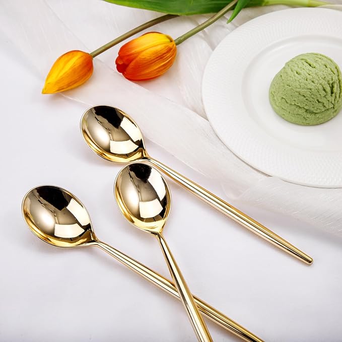 Heavy Duty Gold Disposable Spoons, 90 Count, 7.5 Inch Plastic