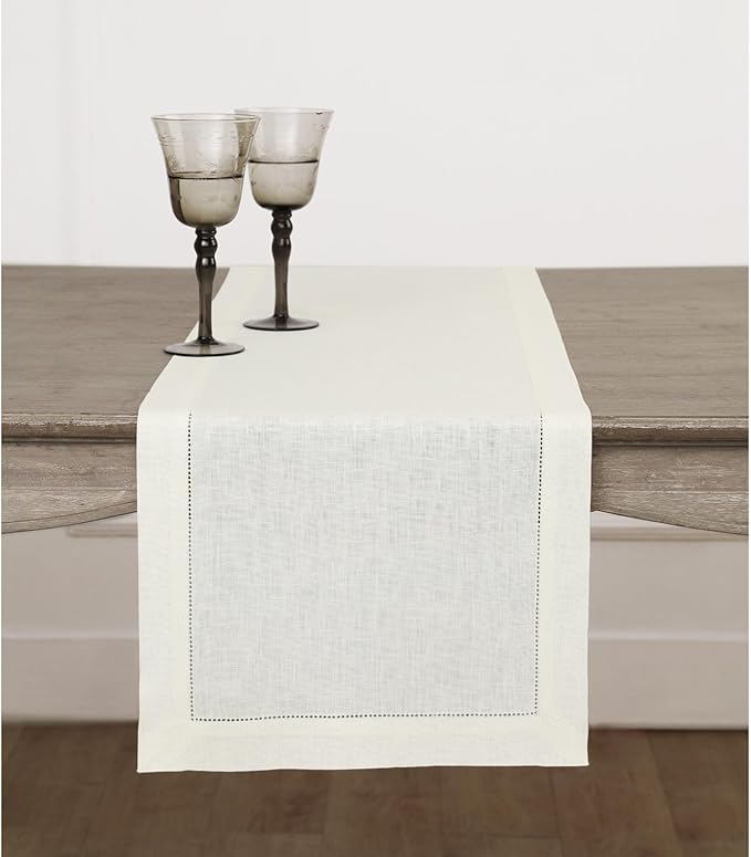 Solino Home Linen Ivory Table Runner 36 Inches - Classic Hemstitch, 100% Pure Linen Coffee Table Runner 14 x 36 Inch Ideal for Dresser Tables - Fall, Halloween, Thanksgiving, Christmas, Holiday