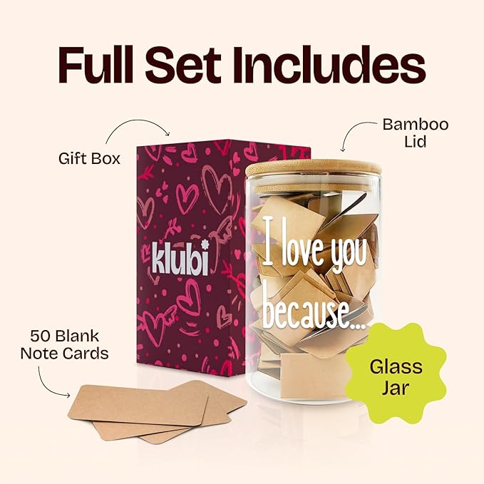 Greeting Cards Love Note Jar with 50 Blank Cards, Glass and Bamboo Lid