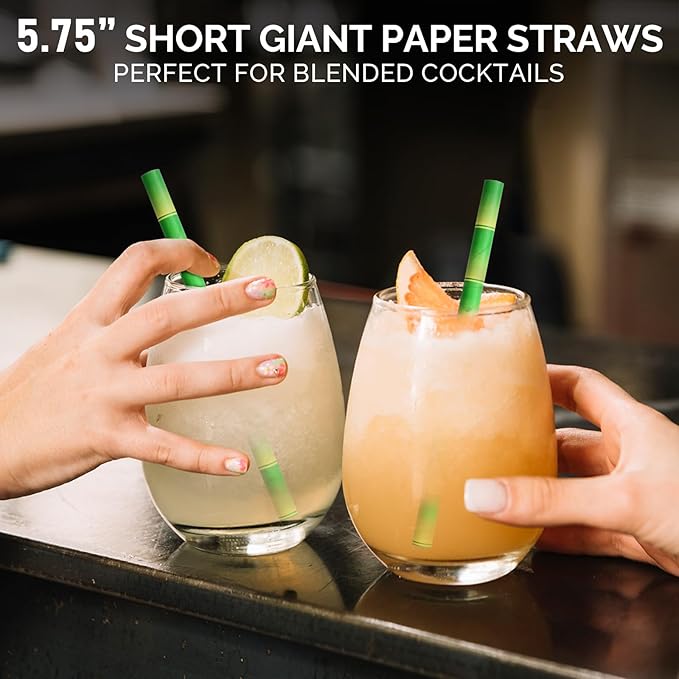 Paper Straws, 250 Count Green Bamboo Disposable, 5.75 Inch Giant
