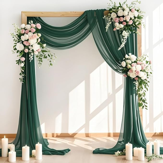 Wedding Arch Draping Fabric 4 Panels 30'' x 18FT Emerald Green Sheer Chiffon Arch Drapery for Photo Booth Bridal Shower Baby Shower Church Decor Newborn Photography Christening Outdoor Party