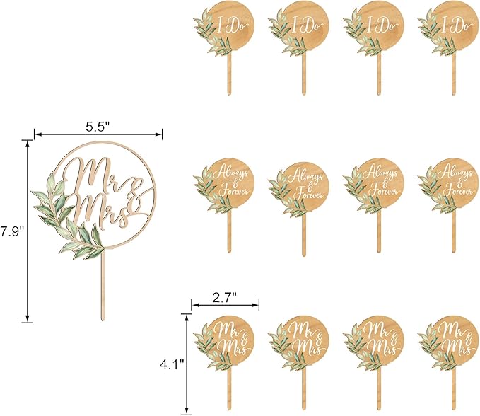 Non-Edible Wood Cake Topper Set with 12 Green Leaf Cupcake Toppers