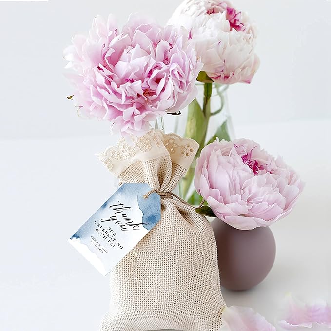 Andaz Press 100-Pack Personalized Thank You for Celebrating with Us Wedding Favor Tags with Bakers Twine Navy Blue Watercolor Custom Cardstock Wedding Gift Tags for Party Favors 2 x 3.75-Inches