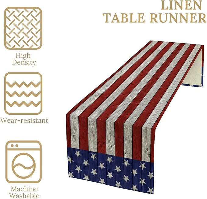 American Flag Table Runner, 4th of July USA Rustic Vintage Wooden Blue Red Stars Stripes Print Table Runner for Farmhouse Kitchen Dining Table Decor, 13x120inch