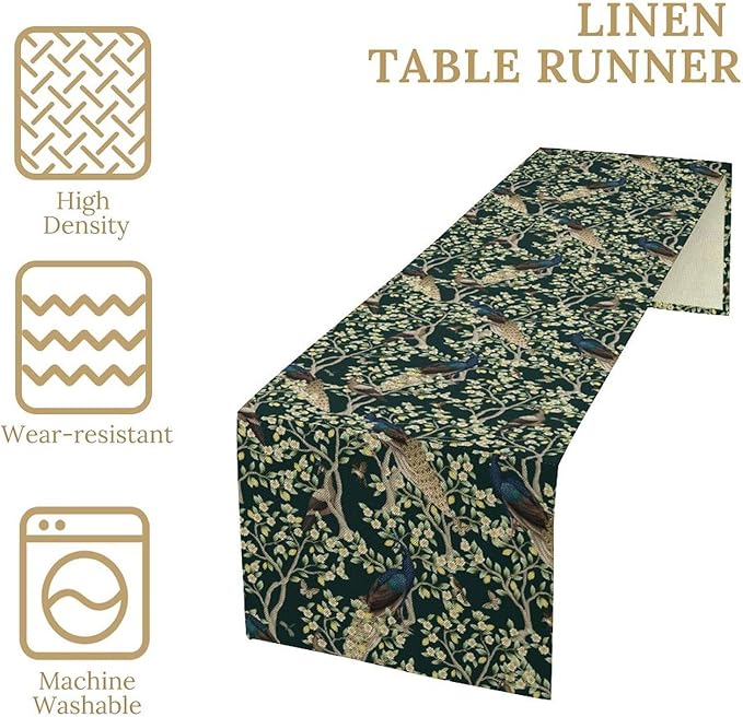 Peacock Table Runner,Retro Floral Plants Peacock Table Runner for Home Kitchen Dining Party Indoor Outdoor Decoration 13x70 Inch