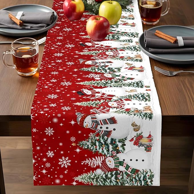 Christmas Snowman Cotton Linen Table Runner for Dining Kitchen, Xmas Tree White Snowflakes Winter Wedding Outdoor Party Tablerunners Decoration, Dresser Scarf Coffee Tablecloth Runners 13x108 Inches