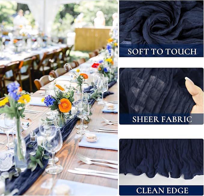 3 Pack Navy Blue Cheesecloth Table Runner 10FT Boho Gauze Cheese Cloth Table Runner Blue for Wedding Party Baby Shower Birthday Summer Home Decor Holiday Decorations