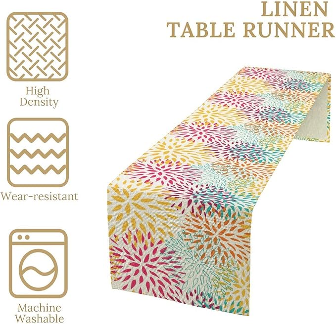 Abstract Flowers Table Runner, Chrysanthemum Dahlia Vintage Modern Colorful Spring Summer Elegant Table Runner for Party Kitchen Dining Living Room Laundry Room Decor, 13x120 Inch