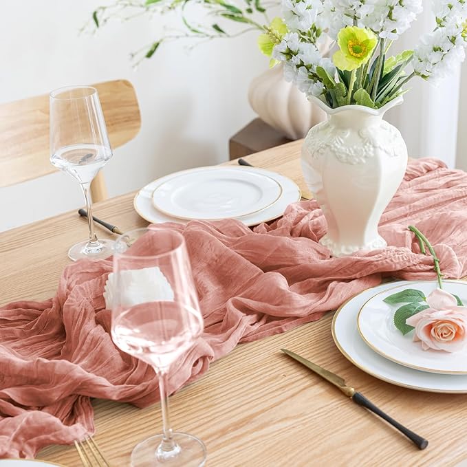 Asee'm 12pcs Cheesecloth Table Runner 120 Inches Dark Rose Boho Gauze Cheese Cloth Runner 10FT Rustic Sheer Table Runners for Summer Wedding Baby Shower Holiday Party Decoration