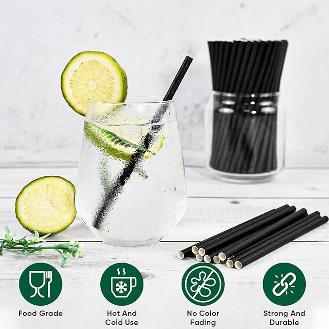 Paper Straws, Solid Black Cocktail Straws, 5.75 Inch Wrapped, 400 Count