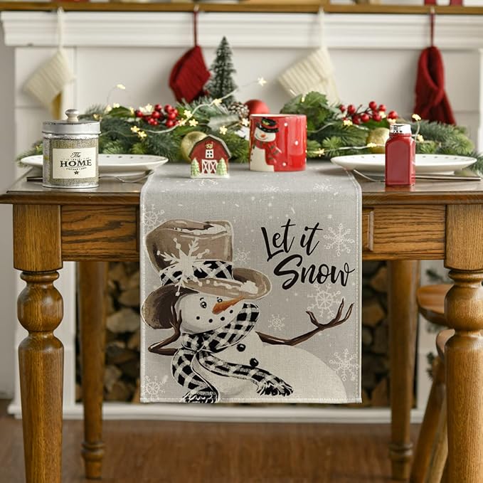 Artoid Mode Grey Snowman Snowflake Let it Snow Christmas Table Runner, Seasonal Winter Kitchen Dining Table Decor for Home Party Indoor 13x72 Inch