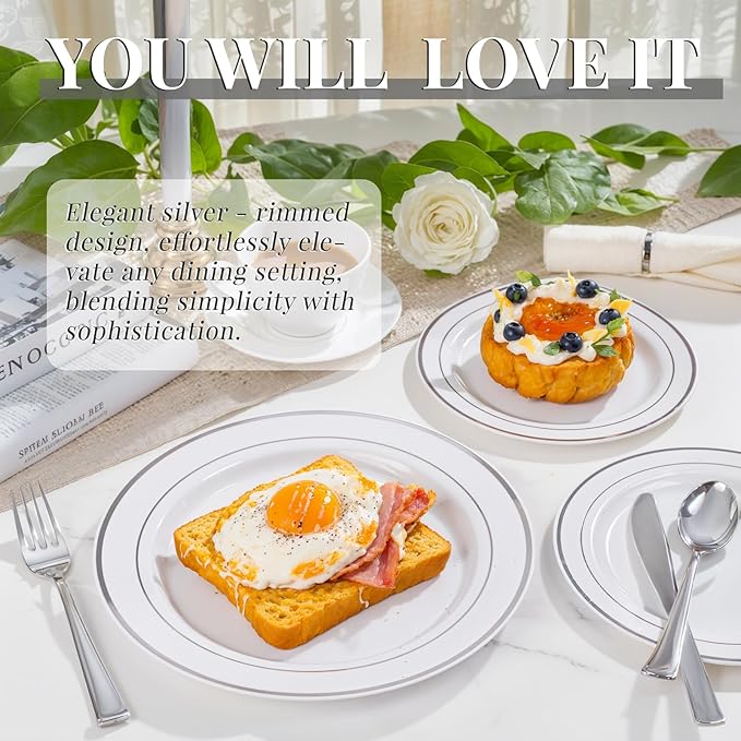 350Piece Silver Plastic Dinnerware Set for 50 Guests - Silver Plastic Plates with Cutlery Include:50Dinner Plates-50Dessert Plates-50Pre Rolled Napkins with Silverware for Christmas