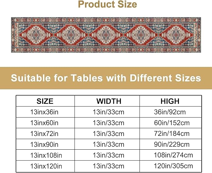 Boho Floral Vintage Table Runner, Red Blue Retro Flower Rustic Country Farmhouse Pattern for Home Kitchen Table Decor Dining Coffee Room Party Decor 13x72in