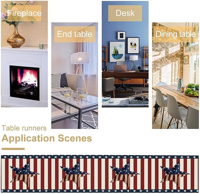 4th of July Table Runner, Patriotic Independence Day American Stars Stripes Flag Print Table Runner for Farmhouse Kitchen Dining Holiday Birthday Party, 13x36inch