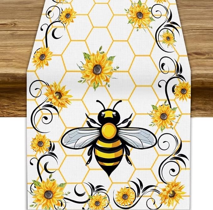 Bee Sunflower Table Runner, Farmhouse Orange Honeycomb Vintage Spring Summer Flowers Print Table Cover for Party Wedding Home Kitchen Dining Table Decor, 13x60inch
