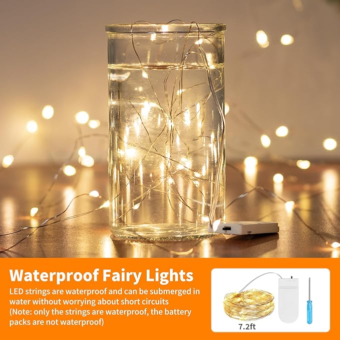 TingMiao 6 Pack Fairy Lights Battery Operated 7.2 ft 20 LED Mini String Lights Waterproof Silvery Copper Wire Firefly Starry Lights for Wedding Bedroom Party Christmas Decor(Warm White)