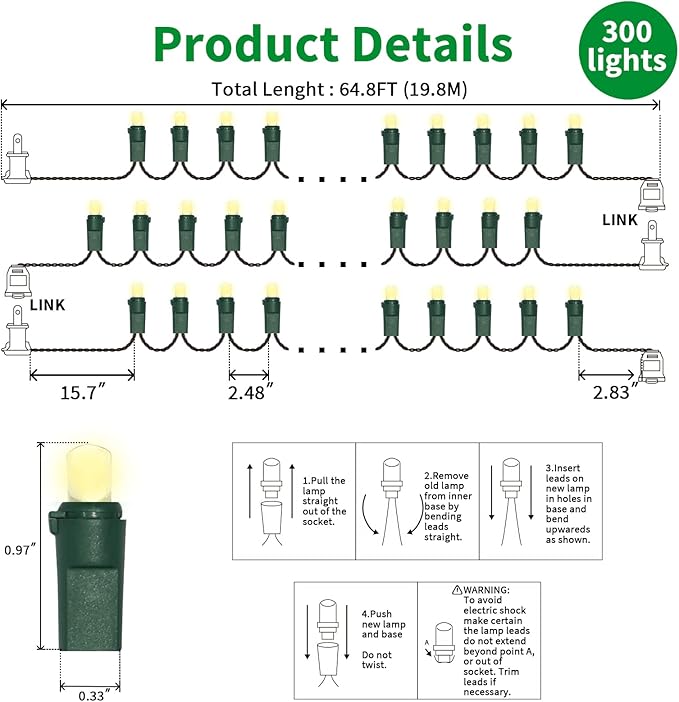 Indoor String Lights, 300 Warm White LEDs, 64.8ft, Waterproof