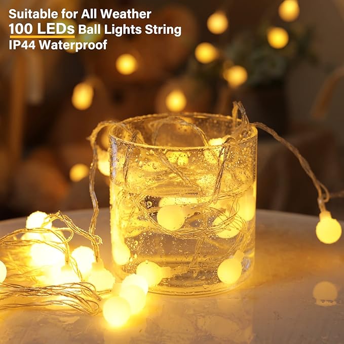 33Feet 100 LEDs Globe String Lights, 8 Modes USB Ball String Lights with Remote for Indoor/Outdoor Commercial Decor, Gardens, Patio, Wedding, Party, Bedrooms, Christmas Decorations, Warm White