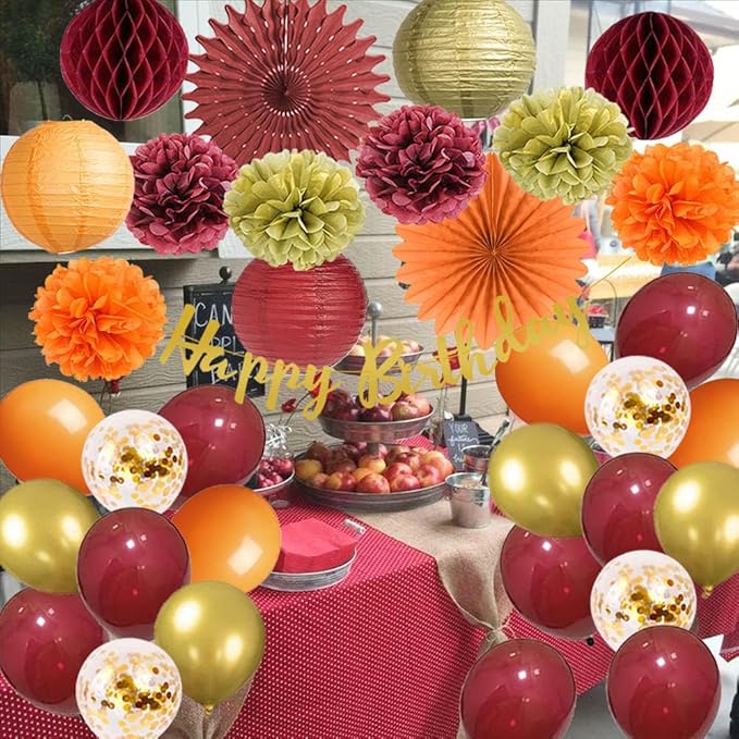 Tissue Pom Poms for Fall Birthday Party, Burgundy Orange and Gold Decor Set