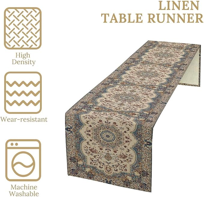 Boho Bohemia Style Table Runner, Vintage Blue Teal Gold Retro Flower Rustic Country Style Floral Print Pattern for Home Kitchen Table Decor Dining Coffee Room Garden Party Decor 13x60in