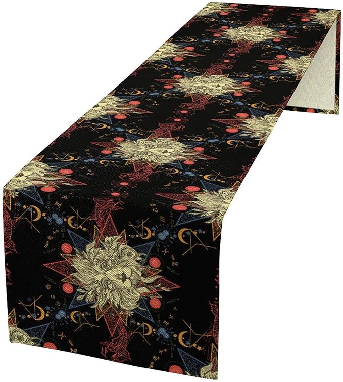 Boho Moon Lion Table Runner, Chinese Fish Phase of The Moon Sun Moon Table Runner for Kitchen Dining Table Home Party,13x60 Inch Black Red