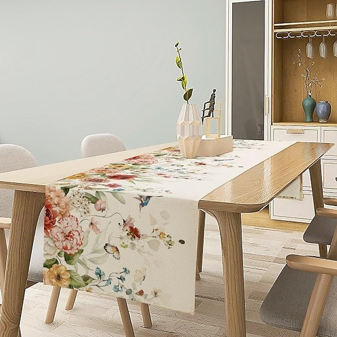 Rustic Floral Table Runner, Watercolor Flower Leaves Hummingbird Butterfly Farmhouse Kitchen Dinning Table Runner for Indoor Outdoor Home Wedding Party Holiday, 13x120 Inch