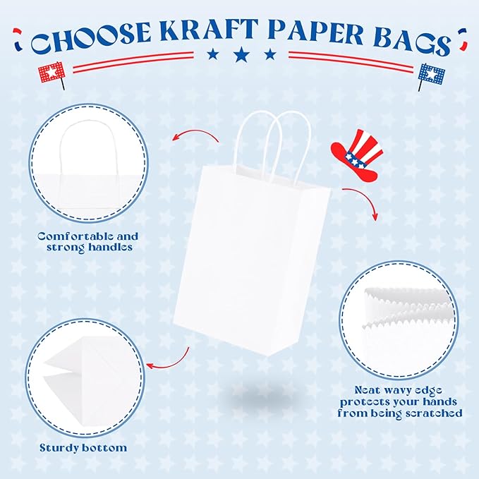 Gift Bags 300 Pack White Kraft Paper Bags with Handles, 8 Inch Tall