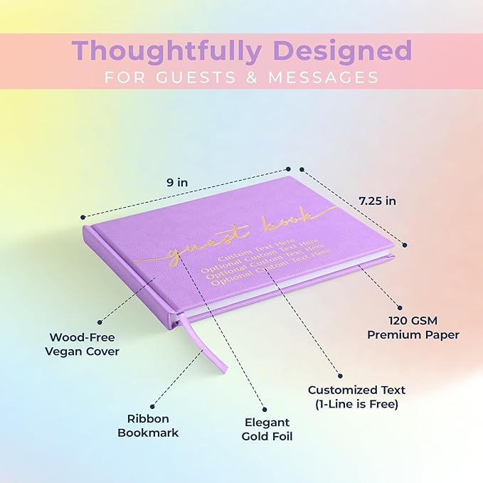 Guest Book for Party, Lavender Purple with Vegan Leather Cover, 110 Lined Pages