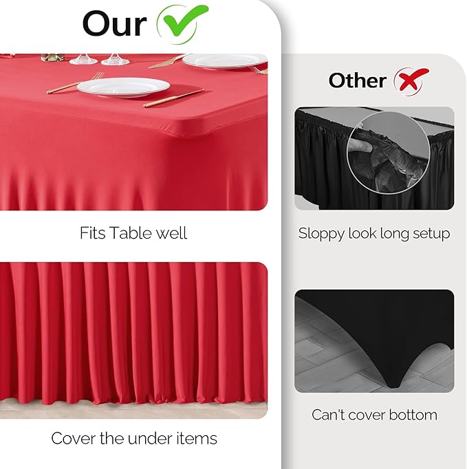 Wish Care 6 Pack Red Spandex Table Clothes for 8 Foot Rectangle Tables, 8FT Wrinkle Free Fitted Tablecloths Ruffles Design Table Cover for Party, Banquet, Wedding and Events