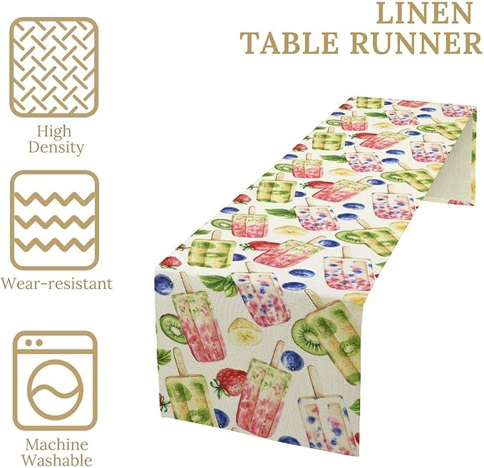 Ice Cream Table Runner, Watercolor Fruit Ice Popsicles Berry Kiwi Cold Summer Desserts Seasonal Dinner Runner for Party Holiday Home Kitchen Dining Table Decor 13"x60"