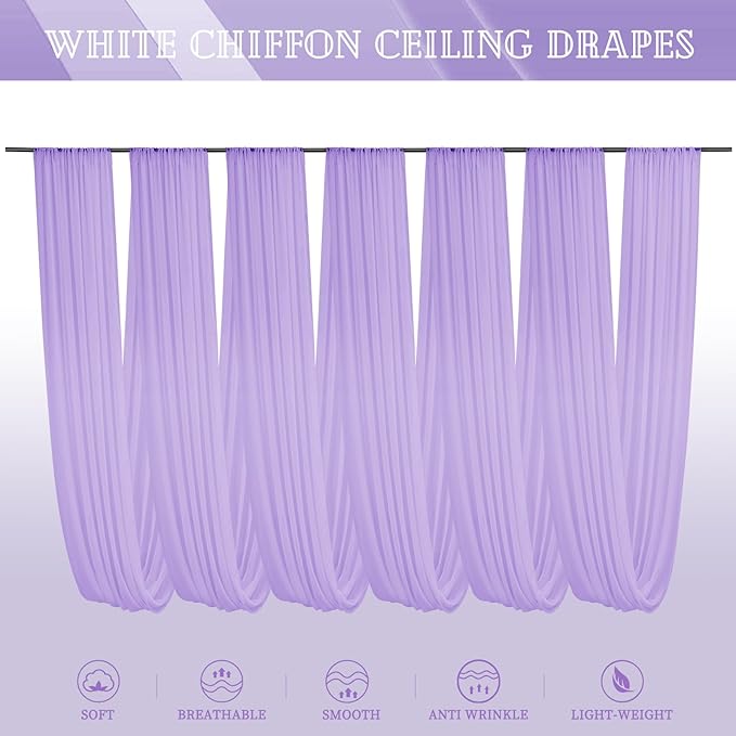 6 Panels Lavender Ceiling Drapes for Wedding 5ftx10ft Chiffon Fabric Arch Draping Curtains Sheer Drapery for Party Ceremony Birthday Baby Shower Reception Stage Swag Ceiling Decorations