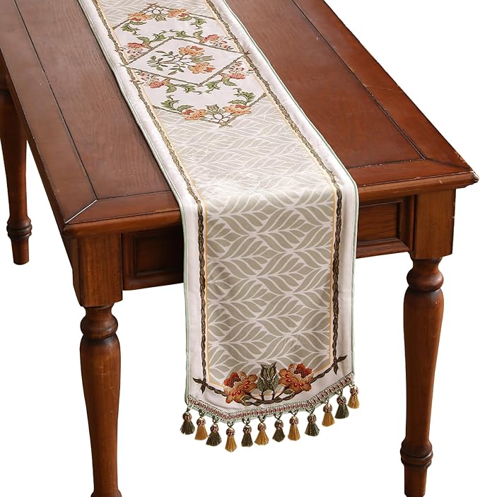 patdrea Designer Elegant French Floral Velvet Table Runner 71 Inch Long, Green with Orange Blossoms Pattern Table Mat, Decor for Kitchen Dining Coffee Table Cabinet Banquet Thanksgiving,12"*71"