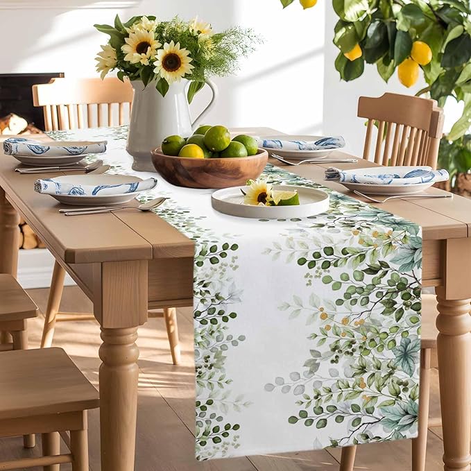 Sage Green Eucalyptus Cotton Linen Table Runner for Dining Kitchen,Farmhouse Leaves Botanical Floral Wedding Outdoor Party Tablerunners Decoration Dresser Scarf Coffee Tablecloth Runners 13x108 Inches