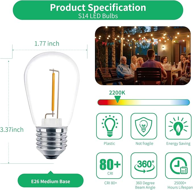 LED Edison Bulbs, 30 Pack S14 Warm White, Shatterproof