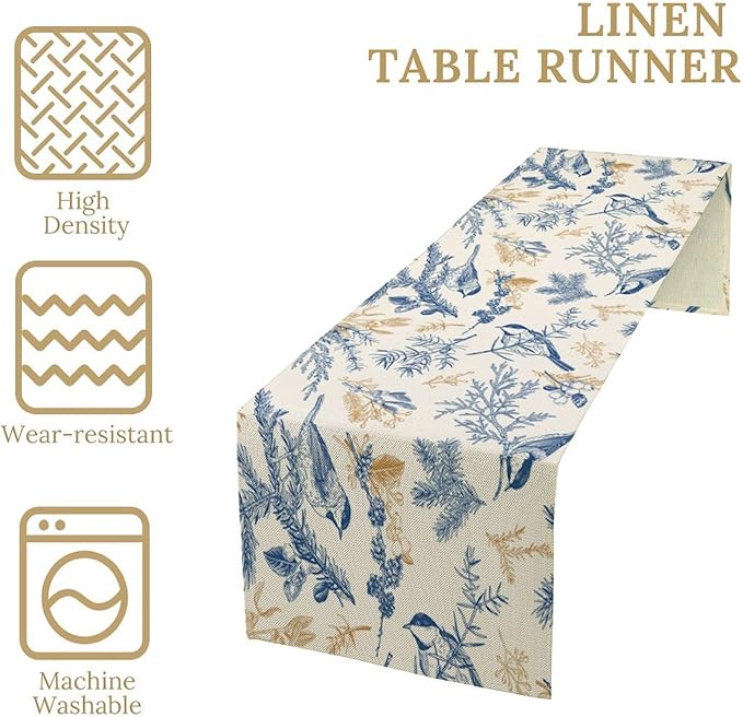 Chinoiserie Flowers Table Runner, Seasonal Spring Fall Plants Blue Florals Birds Dinner Runner for Home Kitchen Dining Table Party Holiday Decoration 13"x108"