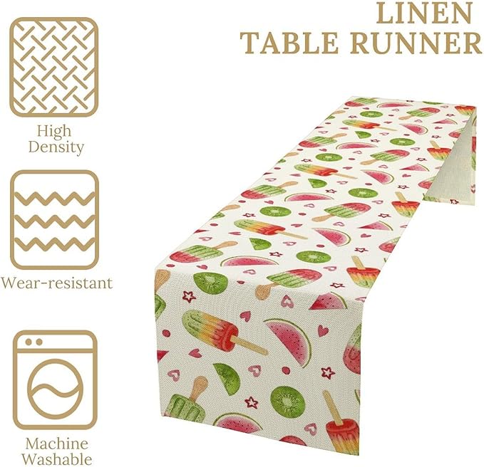 Summer Popsicles Table Runner, Colorful Watercolor Ice Cream Loves Heart Seasonal Dinner Runner for Party Holiday Home Kitchen Dining Table Decor 13"x90"