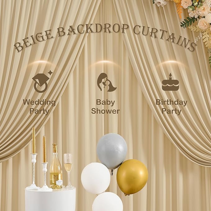 8 Panels Beige Backdrop Curtains for Party Background, Wrinkle Free Beige Photo Curtains Backdrop Drapes Back Drop Cloth for Wedding Birthday Photography Baby Shower Decor, 40ftx10ft