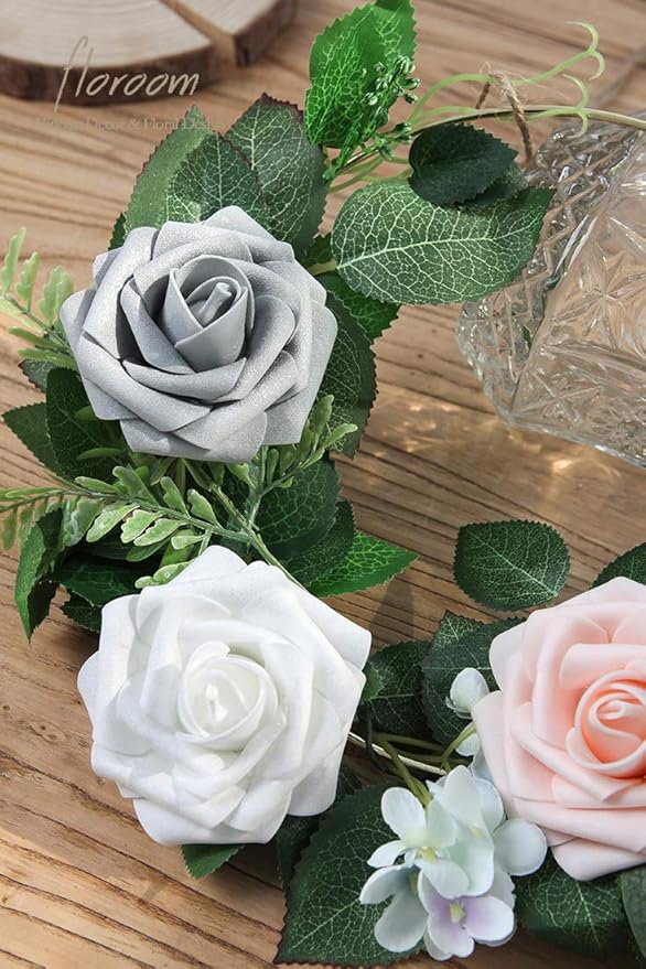 Floroom Artificial Flowers 50pcs Real Looking Shimmer Silver Grey Foam Fake Roses with Stems for DIY Christmas Tree Xmas Wedding Bouquets Party Tables Centerpieces Floral Arrangements Home Decor