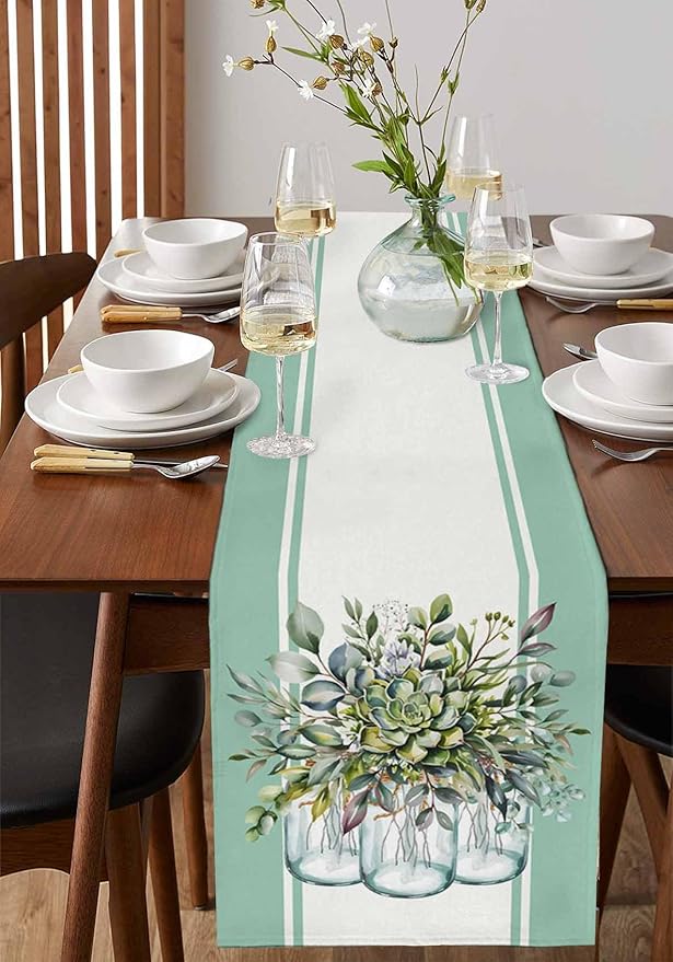 Eucalyptus Cotton Linen Table Runner for Dining Kitchen, Wedding Outdoor Party Tablerunners Decoration, Green Leaves Botanical Plants Watercolor Dresser Scarf Coffee Tablecloth Runners 13x72 Inches
