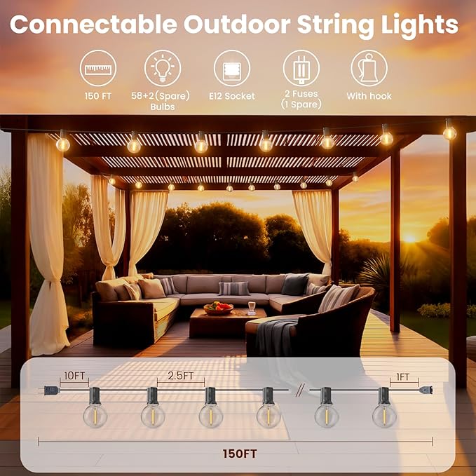 String Lights 150FT Warm White LED, 58 Bulbs, Dimmable, Black