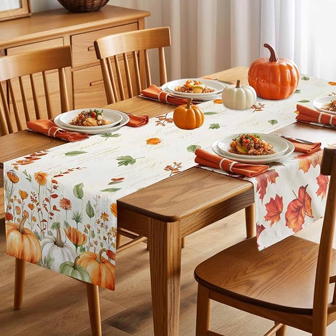 Fall Wildflowers Cotton Linen Table Runner for Dining Kitchen, Thanksgiving Pumpkin Outdoor Party Rustic Tablerunners Decoration, Botanical Floral Vintage Dresser Scarf Tablecloth Runners 13x72 Inches