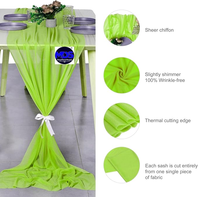 MDS Halloween Chiffon Table Runner - 25 Pack, 29 x 170 Inches, 14ft Each - Sheer Spooky Table Runners for Haunted House Parties, Trick-or-Treat Tables, Witchy Décor, Wedding & Events - Parrot Green